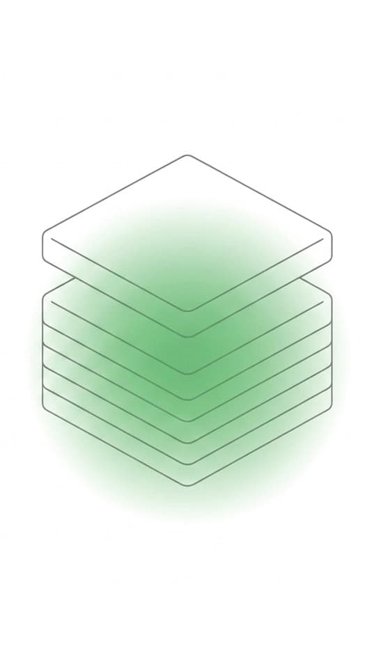An isometric diagram of stacked layers with a green glow.