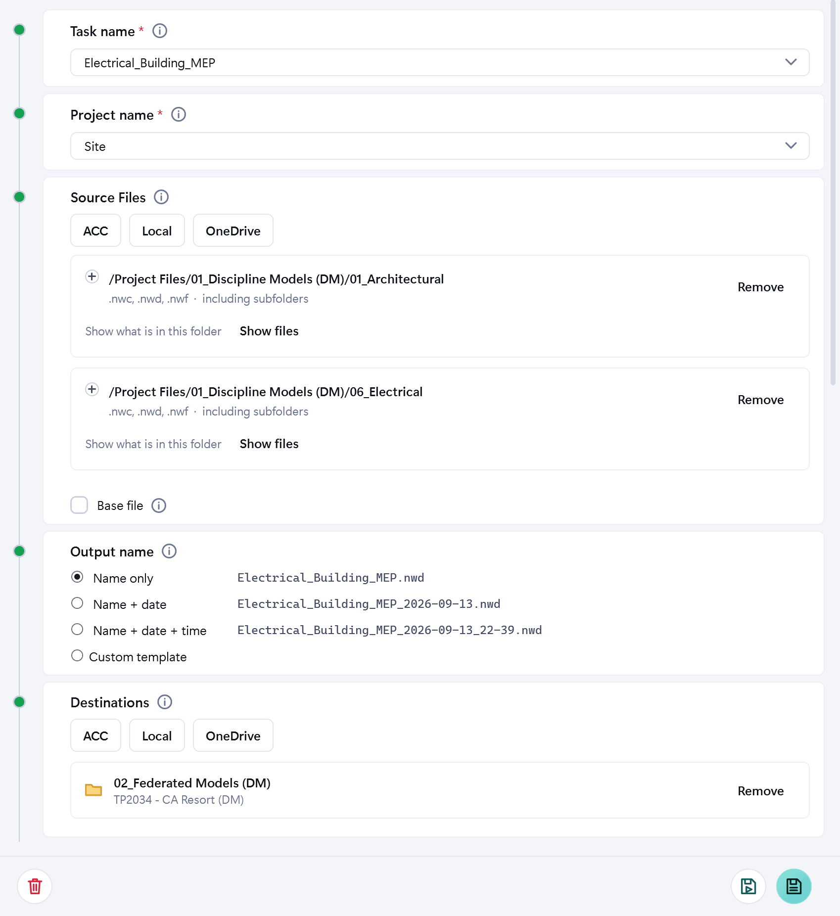 The task editor: task name, project, source folders in ACC, the output name, and the destination folder.