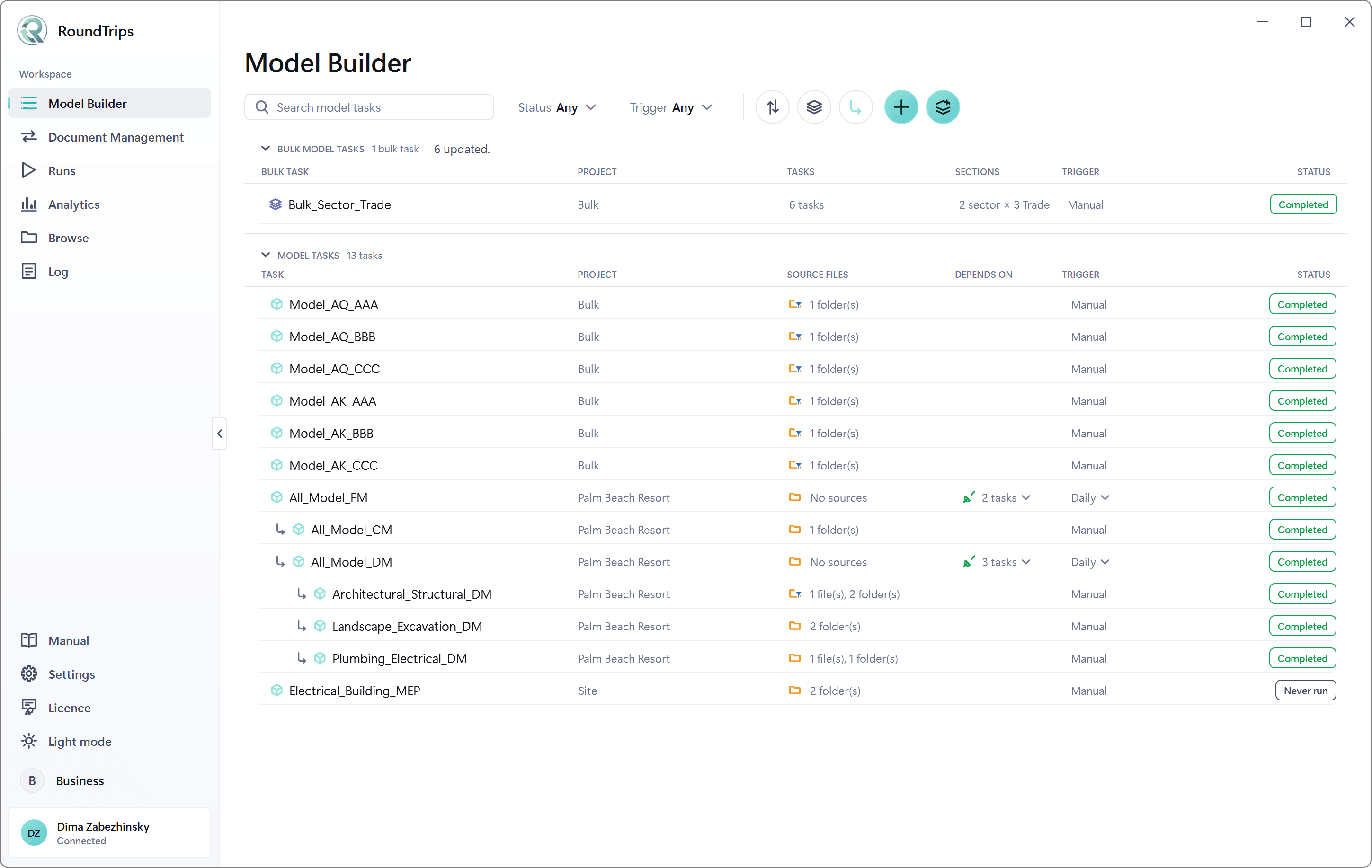 The Model Builder screen: a bulk task and thirteen model tasks across several projects, each showing its sources, trigger and status.